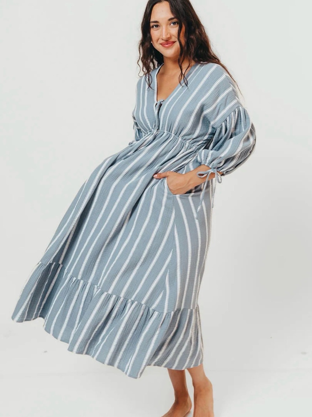 Striped Blue Maxi Dress with Tie-Waist